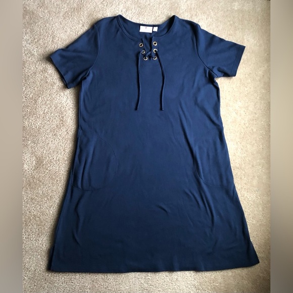 Quacker Factory Women’s L Gold Jeweled Split Collar Mini Shirt Dress w/Pockets - Picture 2 of 12